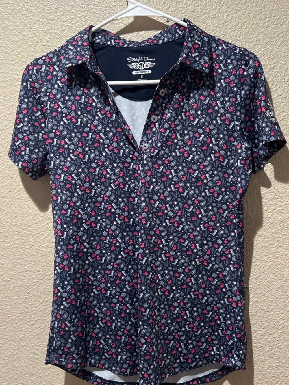Straight Down Women's Navy Floral Polo Top - Pink Accent